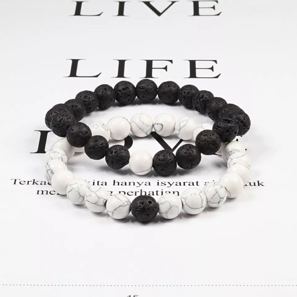 Unisex Black and White Stone Yoga Bracelets Set of 2